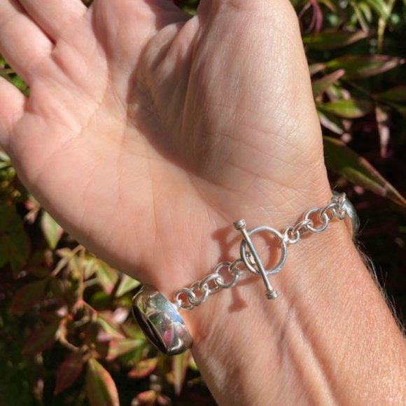 VTG 925 Silver Black Onyx Oval Stones Toggle BRACELET - Picture 4 of 7
